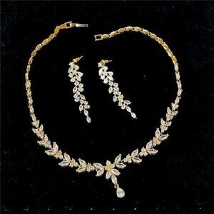 18k Real Gold Plated Necklace Earrings Set Cubic Zirconia Gold Bridal Jewelry
